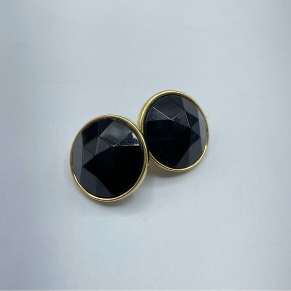 Vintage Black Enamel Gold Tone Earrings Pierced Round Fauceted - Picture 4 of 4